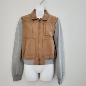 Anthropologie Hei Hei Womens Jacket Small Tan Brown Excursion Bomber Mixed Media